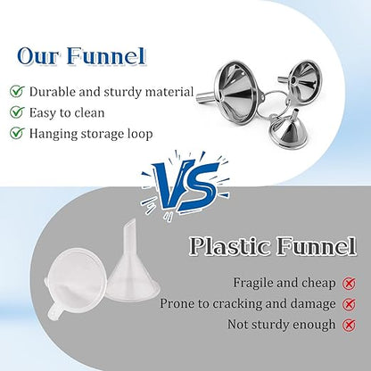 Stainless Steel Funnel, Large Medium Small Kitchen Funnel Set of 3 Metal Funnels Small-Funnels for Filling Small Bottles Funnels with 2 Brushes for Transferring Essential Oils, Liquid, Fluid