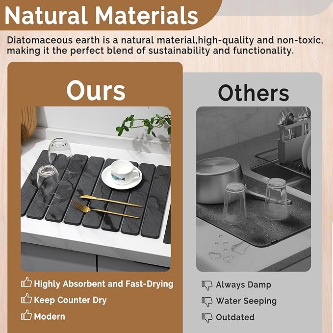 2 PCS Stone Dish Drying Mat for Kitchen Counter,Quick Dry Stone Dishes Mats,Marbled Water Absorbing Diatomaceous Earth Drying Pad for Countertop Bottles Utensils Cups（Dark Gray 20"×14" & 8"x4"） - Image 7