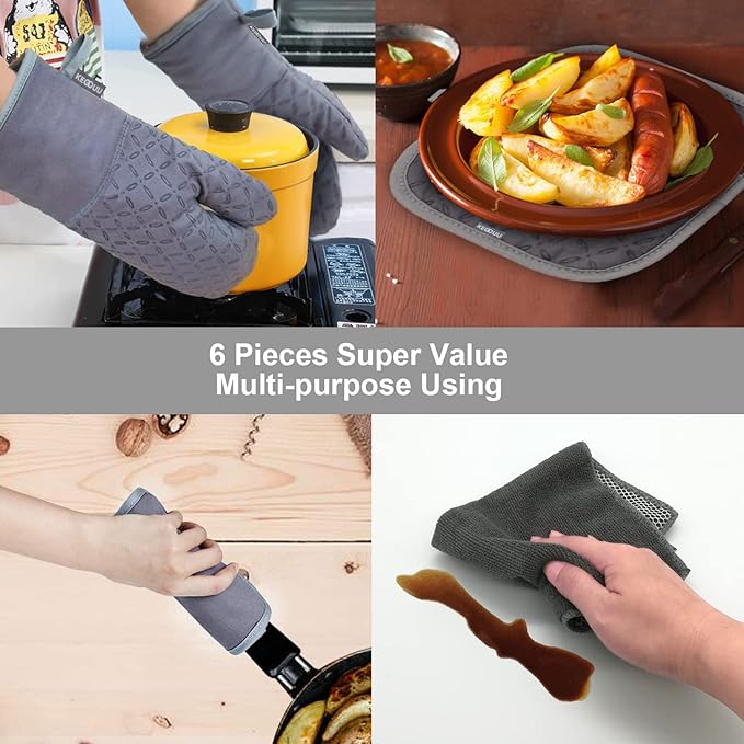 KEGOUU Oven Mitts and Pot Holders 6pcs Set, Kitchen Oven Glove High Heat Resistant 500 Degree Extra Long Oven Mitts and Potholder with Non-Slip Silicone Surface for Cooking (Grey) - Image 6