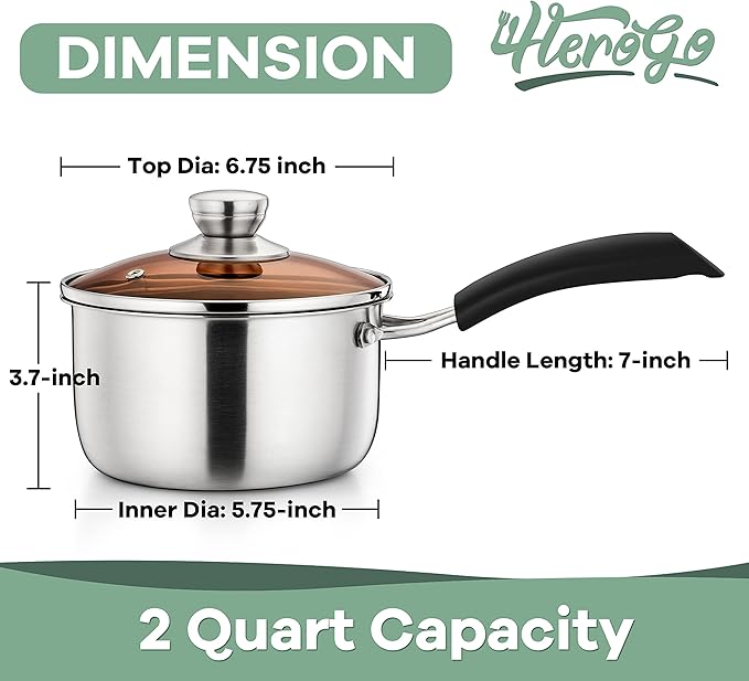 Herogo 2Qt Saucepan with Lid, 18/10 Stainless Steel Sauce Pan Pot, 2 Quart Saucepan for Gas Electric Stove Top Camping, Rust Free & Dishwasher Safe - Image 2