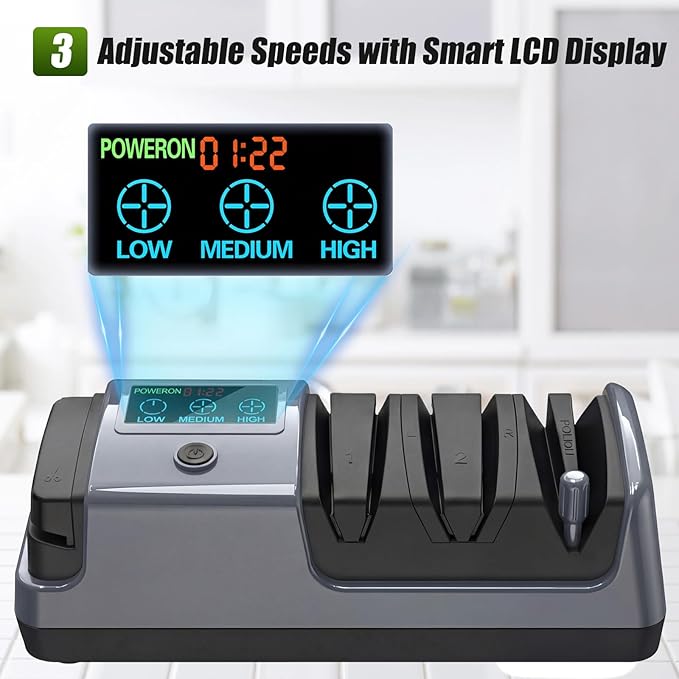 5-in-1 Electric Knife Sharpener for All Knives – Diamond Abrasive Sharpener with 3 Speeds & LCD Display | Sharpens Straight, Serrated, Kitchen Knives & Scissors | Automatic, Safe, Easy to Use (gery)