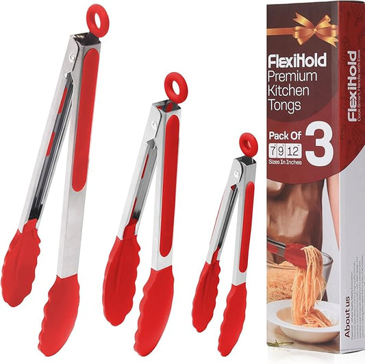 Pack of 3 Stainless Steel Kitchen Tongs with Silicone Tips – Non-Stick Cooking, Grilling & BBQ Tongs for Serving, Dishwasher Safe, 7", 9" & 12" (Pack of 3 Red)