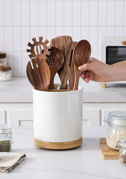 LoeJan 3 Compartment Utensil Holder, Extra Large Utensil Crock, Stable Ceramic Utensil Organizer, Cooking Tool Organizer Set for Kitchen Counter Farmhouse Decor (C-White(Grossy)) - Image 4