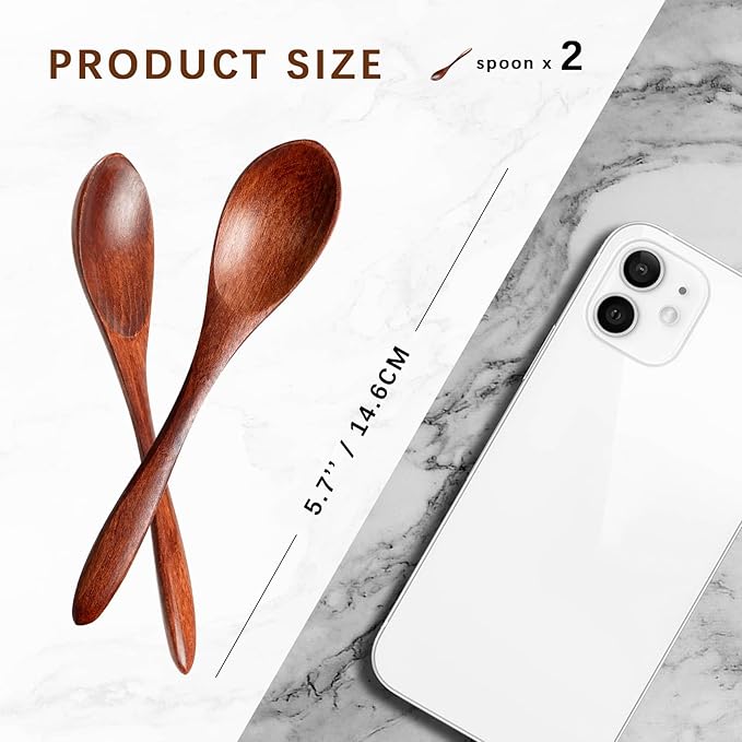 2 PCS Small Wooden Spoons, 5.8 Inch Honey Spoons for Tea, Hardwood Wooden Honey Teaspoon for Coffee, Little Tiny Wood Spoons, Bamboo Table Spoon for stirring, Wooden Spoons for Utensils Set - Image 2