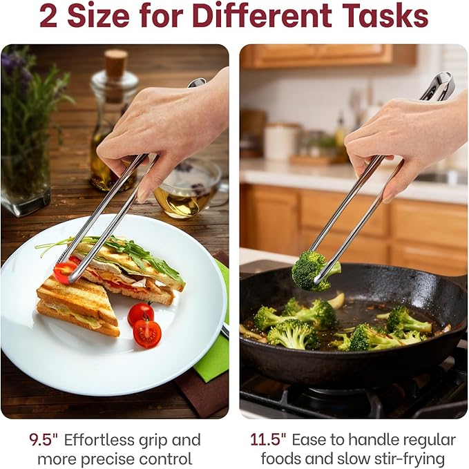 Precision Serrated Non-Slip Tips Cooking Tongs 2 Set (9.5" & 11.5"), One-Piece 18/8 Stainless Steel Metal Tongs, Easily Control Kitchen Tweezer, Multi-Purpose Korean Tong - Image 6