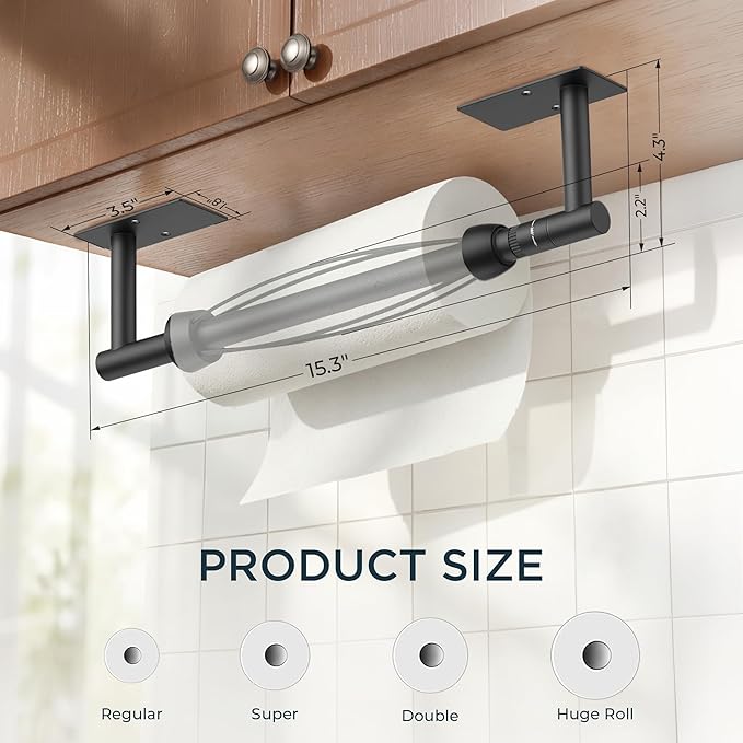 FORIOUS Paper Towel Holder Under Cabinet, Single Hand Operable with Adjustable Damping for Easy Tear, Adhesive or Drill Wall Mount, 304 Commercial Paper Towel Holder for Kitchen Bathroome, Matte Black - Image 7
