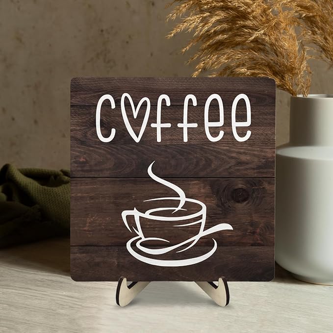 Coffee Bar Sign Plaque Decor,Coffee Bar Accessories,Rustic Wooden Tabletop Plaque with Stand, Minimalist Farmhouse Kitchen Counter Sign,Cute Mini Café Bar Decor Gift (Brown2, 5.9x5.9inches) - Image 5