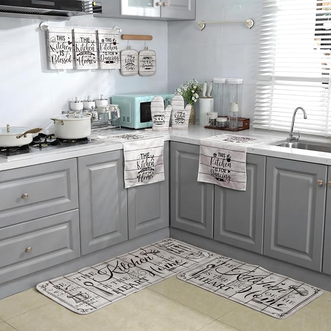 Fourluoo 10 Pcs Farmhouse Kitchen Decor and Accessories Set 4 Kitchen Towels 2 Pot Holders 2 Oven Mitts 2 Rugs for Cooking Baking Mom Housewarming Gifts (Unadorned Color,Stitched Wood Grain) - Image 7