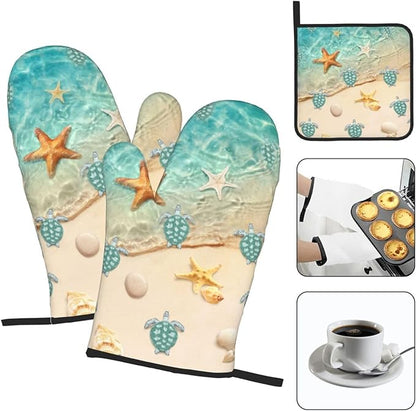 Sea Turtles Beach Oven Mitts and Pot Holders Sets of 3 Nautical Kitchen Decor Heat Resistant Hot Pads Teal Nautical Decorative Oven Gloves for Cooking Grilling Baking - Image 3