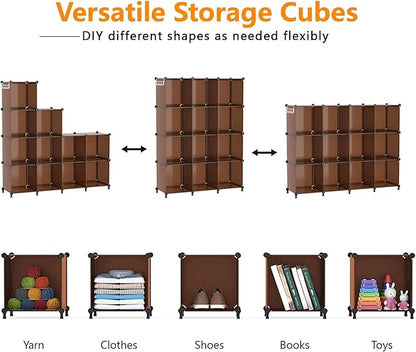 AWTATOS Cube Storage Organizer, Storage Cubes Shelves Bookshelf, 12 Cube Closet Organizers and Storage, DIY Stackable Plastic Clothes Organizer Shelving for Bedroom, Home, Cocoa Brown - Image 5