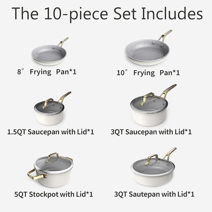 10-Piece Nonstick Ceramic Cookware Set, Non-Toxic Ceramic Coated Aluminum Pots and Pans with Lids, PFAS & PFOA &PTFE Free, Induction Compatible, Healthy Essential Kitchen Set -（White)