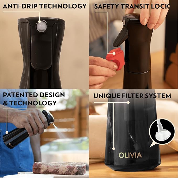 FLAIROSOL OLIVIA SIGNATURE Advanced Kitchen Oil Sprayer Technology, Fine Mist & Portion Control, Refillable Glass Cooking Spray Bottle, Anti-Drip & Leakproof, Air Fryer, Salad, BBQ, 200ml(Black) - Image 3