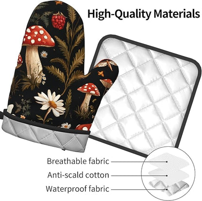 Mushroom Oven Mitt Pot Holder Set Vintage Floral BBQ Cooking Gloves with Loop Baking Grilling Kitchen Gifts for Spring Summer - Image 4