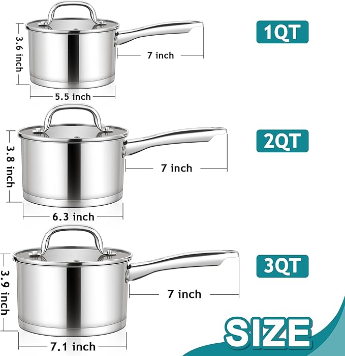 E-far Stainless Steel Saucepan with Lid Set - 1QT & 2QT &3QT, Triply Sauce Pan Induction Pot for Cooking, Boiling, Compatible with All Stoves, Visible Lid, Healthy & Non Toxic, Oven & Dishwasher Safe - Image 2