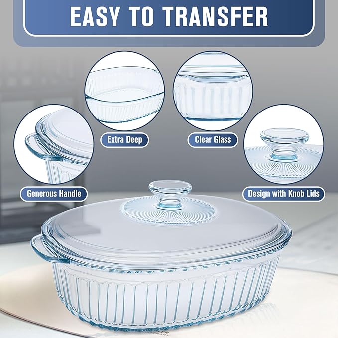 Glass Baking Dishes for Oven, 2 Pack Casserole Dishes with Lid, Oval Baking Dish Set for Lasagna Casseroles Leftovers Cooking Kitchen, 1.9 Qt and 3 Qt, Clear - Image 3