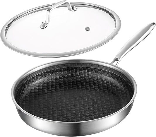 DELARLO 10 inch Tri-Ply Stainless Steel Frying Pan With Lid, Nonstick Omelette Pans, Small Egg Pan Durable Chef's Pan,Induction Kitchen Skillets, Compatible with All Cooktops, Up to 600℉