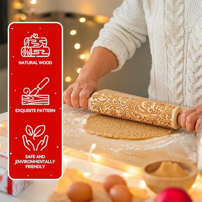Christmas Gifts Wooden Embossed Rolling Pin for Baking, Stocking Stuffers Gifts for Women, Deep Engraved Embossing Rolling Pins with Snow Pattern Designs for Baking Cookies Stamps Roller DIY Tools - Image 4