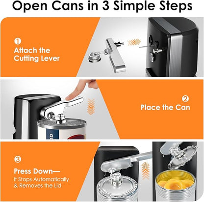 Davivy Electric Can Opener, One Touch Lid Opener, Removable Stainless Steel Cutter and 3-in-1 Design, with Sharpener and Bottle Opener (Black)
