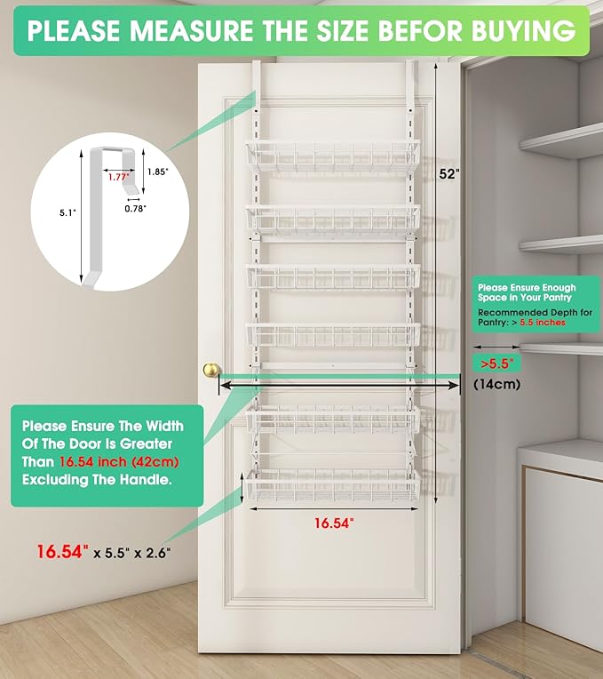 Mefirt Over The Door Pantry Organizer, Wall Mount Spice Rack, Pantry Hanging Storage and Organization, 6 Adjustable Baskets Heavy-Duty Metal for Home & Kitchen, Back of Door Seasoning Rack - White - Image 2