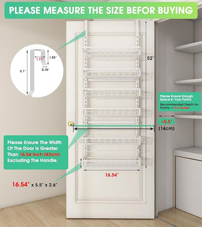 Mefirt Over The Door Pantry Organizer, Wall Mount Spice Rack, Pantry Hanging Storage and Organization, 6 Adjustable Baskets Heavy-Duty Metal for Home & Kitchen, Back of Door Seasoning Rack - White - Image 2