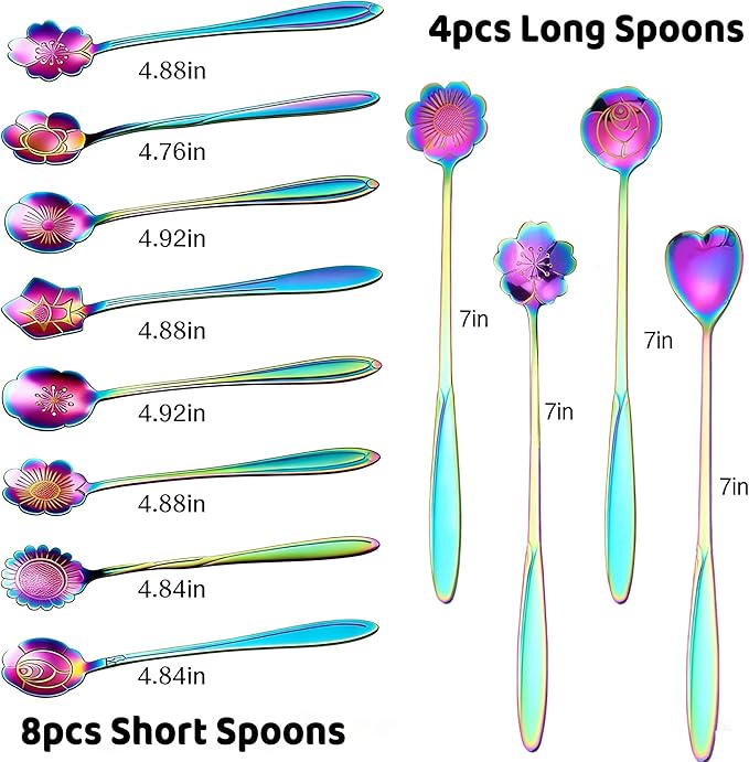 12 Pcs Flower Coffee Tea Spoons Set with Storage Bag, 4 Long & 8 Short Stainless Steel Teaspoons for Sugar Dessert Ice Cream Stirring, Cute Fancy Tableware for Tea Party Kitchen Cafe Bar(Multicolor)