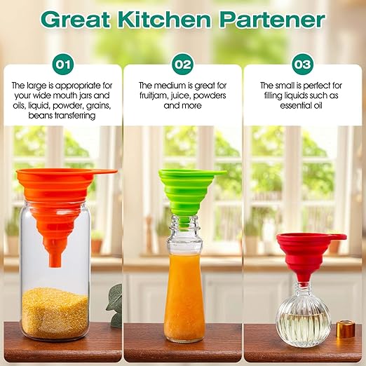 KALAVE Kitchen Funnel Set 6 Pack - Food Grade Silicone Collapsible Funnel, Funnels for Kitchen Use Filling Bottles, Daily Cooking, and Water or Powder Transfer. (Multicolor) - Image 5