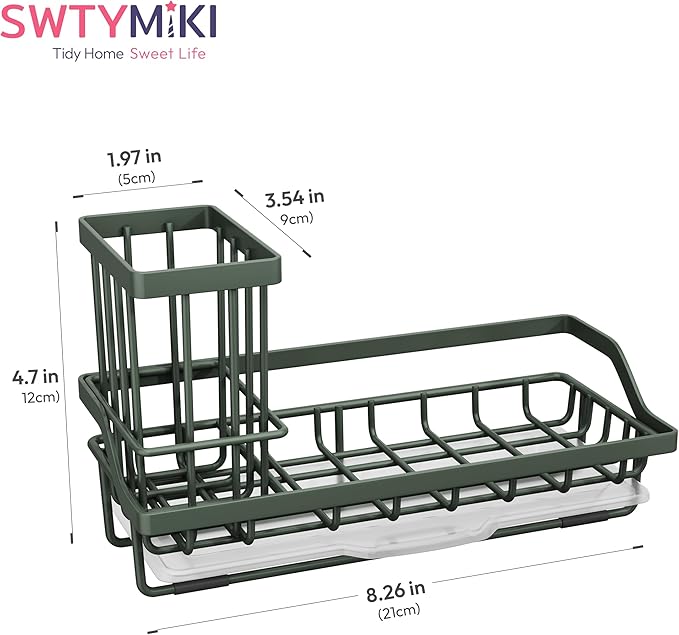 SWTYMIKI Sink Caddy Sponge Holder - Kitchen Sink Organizer with High Brush Holder for Countertop to Hold Dish Soaps and Sponges, Stainless Steel, Green - Image 7