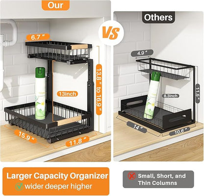 PXRACK Under Sink Organizer, Adjustable Height, 2 Tier Pull Out Under Cabinet Organizer, Slide Out Thickened Metal Under Sink Storage for Kitchen Bathroom Laundry Pantry Cabinet, Black, Large-1-Pack - Image 2