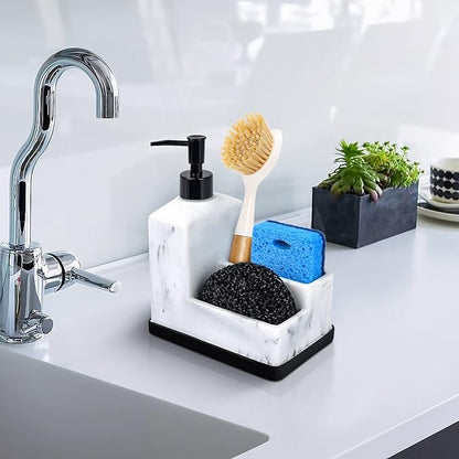 Dish Soap Dispenser with Sponge Holder,White Marble Look Liquid Hand and Dish Soap Dispenser and Spong Caddy with Brush Holder 3 in 1 Countertop Organizer for Kitchen Sink and Bathroom,White
