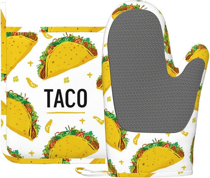 Taco Time Heat-Resistant Oven Mitts and Pot Holder Kitchen Non-Slip Silicone Cooking Microwave Gloves for Cooking Baking Grilling