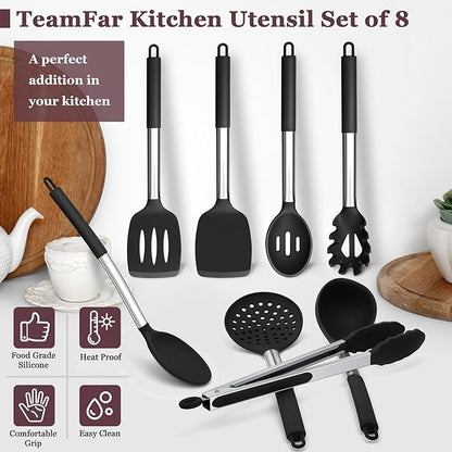 TeamFar Kitchen Utensils Set of 8, Silicone Utensils Kitchen Tools Set with Stainless Steel Handle, for Frying Serving Flipping Draining, Non-toxic & Heatproof, Nonstick & Dishwasher Safe - Black - Image 7