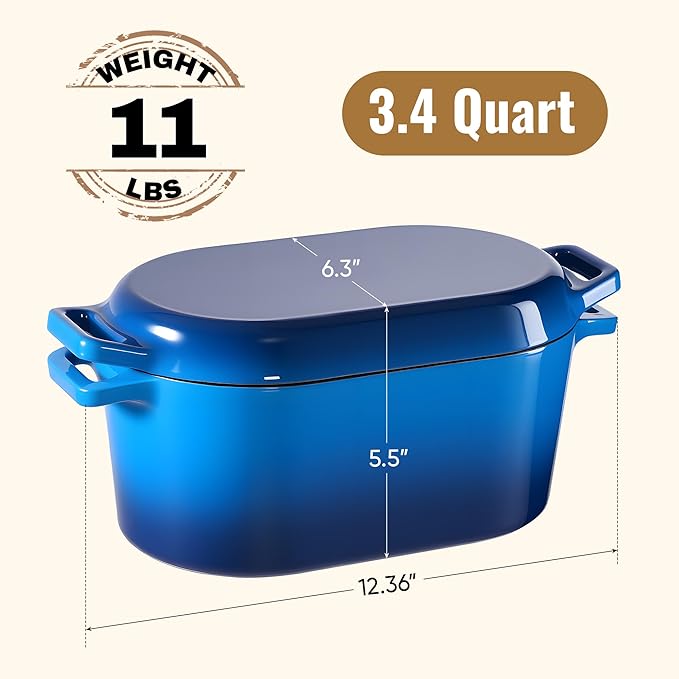 Dutch Oven for Bread Baking, 3.4 QT Bread Dutch Oven for Sourdough, Enamelled Cast Iron Bread Oven with Lids, Heavy-Duty Non Stick Sourdough Loaf Pan, Meatloaf Pan, Blue