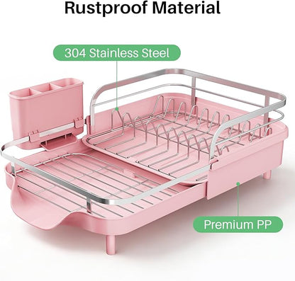 SNTD Dish Drying Rack, Expandable Dish Rack for Kitchen Counter, Stainless Steel Dish Drainer with Drainboard Set and Utensil Holder (Pink) - Image 5
