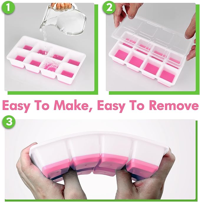 Large Ice Cube Tray with Lid and Bin, Jrisbo Silicone Big Square Ice Cube Molds for Freezer, 3 Pack Stackable Huge Cubed Ice Trays with Ice Tong, Ice Scoop for Whiskey Cocktails Soups Frozen Treats - Image 5