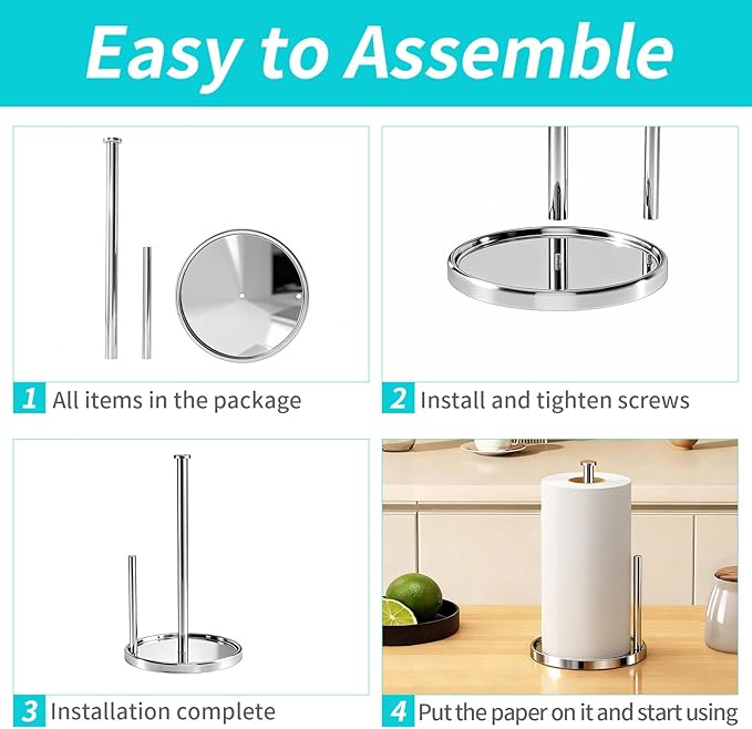 Paper Towel Holder Countertop, Standing Paper Roll Holder with Anti Slip Weighted Base, Stainless Steel Freestanding Paper Towel Holder for Kitchen, Chrome - Image 6
