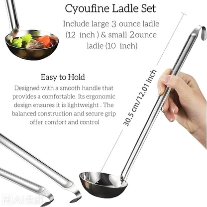 Stainless Steel Ladle 3 & 2-Ounce 2PC, Metal Kitchen Soup Ladle Spoon 12 inch & 10 inch Cooking Utensil. - Image 2