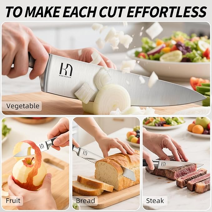 KnifeSaga Knife Set, 15 Pcs Kitchen Knife Block Sets with Sharpener, Japanese High Carbon Stainless Steel Set of Knives, Premium Razor Sharp Black Knives Set with Block for Kitchen, Ergonomic Handle - Image 6