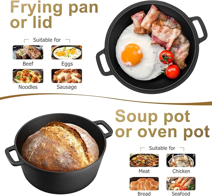 TeamFar Pre-season Cast Iron Dutch Oven with Skillet Lid, 2-in-1 Cast Iron Bread Pan Skillet Cookware with Dual Handles for Bread Baking, Frying, Camping, 5QT - Image 7
