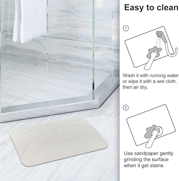 JUERLEN 2 Pack Diatomaceous Earth Shower Mat, Stone Bath Mat, Nonslip Super Absorbent Fast-Drying Hard Bath Mat for Bathroom Shower Floor, 24 x 16 inch, Pallid Wave Design