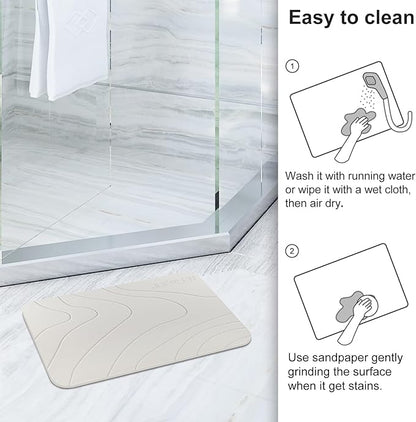 JUERLEN 2 Pack Diatomaceous Earth Shower Mat, Stone Bath Mat, Nonslip Super Absorbent Fast-Drying Hard Bath Mat for Bathroom Shower Floor, 24 x 16 inch, Pallid Wave Design