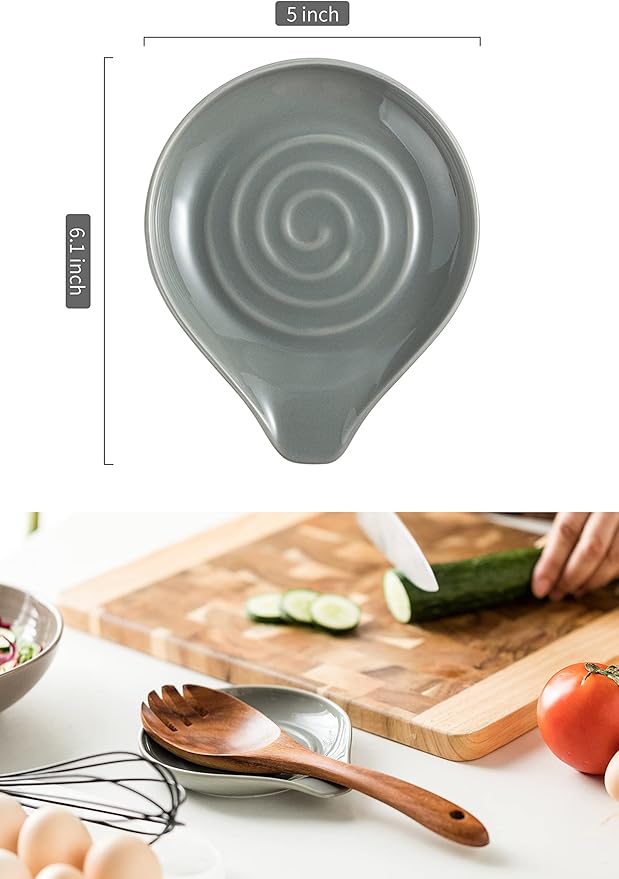 LAUCHUH Spoon Rest, 5 inch Spoon Holder for Stove Top Heat-Resistant Large Ceramic Spoon Rest for Kitchen Counter, Ladles, Tongs, Farmhouse Kitchen Decor for Mother's Day, Set of 2, Grey