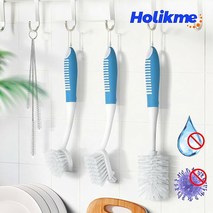 Holikme 6 Pack Dish Brush Set with Bottle Brush, Dish Scrub Brush, Pan Brush and 3 Straw Brushes, Deep Cleaning Handle Brush with Scraper Tip for Kitchen Sink Dishes Bottle Cup Pot and Pans (Azul) - Image 7
