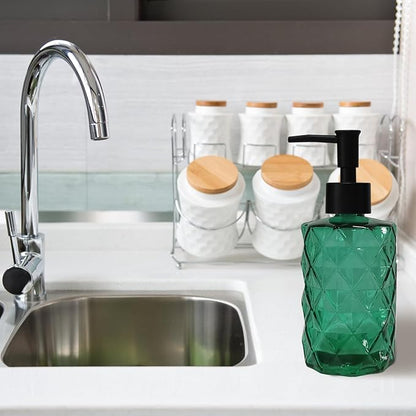 Green Bathroom Soap Dispenser Set with Black Plastic Pump, 12oz Glass Lotion Dispenser, Crystal Hand Soap Dispenser for Modern Home Decor, Kitchen Countertop, Hotel