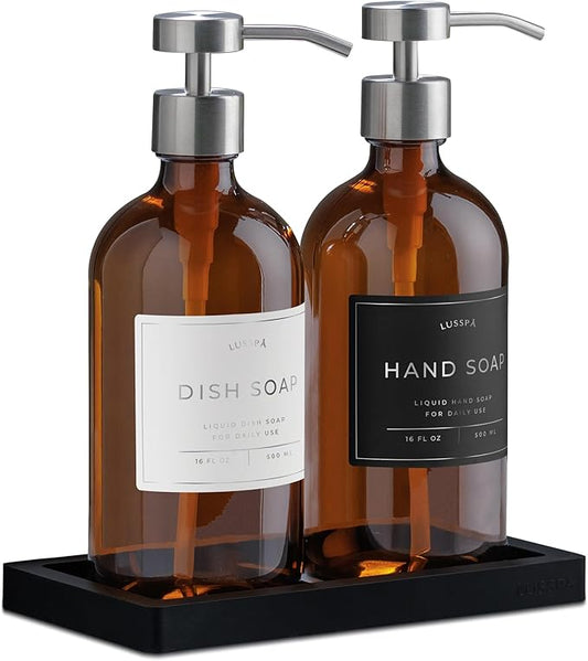 Glass Soap Dispenser Set of 2 (Amber) with Silicone Tray | Hand and Dish Soap Dispenser for Kitchen and Bathroom | 16.8 Oz Glass Bottles with Stainless Steel Pump & 15 Waterproof Labels (Amber/Silver)