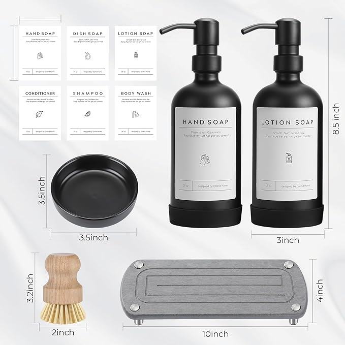 [Luxury] Kitchen Soap Dispenser Set - 16OZ Black Glass Bottle, Stainless Steel Pump, Instant Dry Tray, Waterproof Labels, Non-Slip Silicone Pad, and Dish Brush | Upgrade for Your Kitchen and Bathroom - Image 6