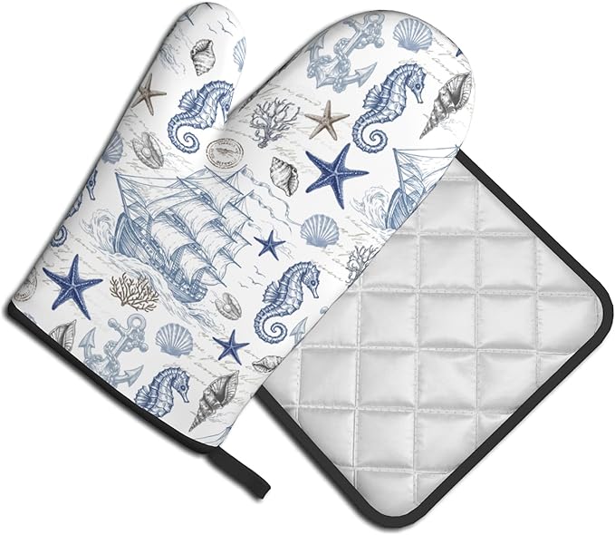 Navy Blue Oven Mitts and Pot Holders Sets Summer Beach Starfish Seashell Oven Glove Hot Pads for Kitchen Nautical Chef Gifts for Cooking Lover Cooks - Image 2