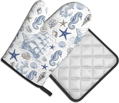 Navy Blue Oven Mitts and Pot Holders Sets Summer Beach Starfish Seashell Oven Glove Hot Pads for Kitchen Nautical Chef Gifts for Cooking Lover Cooks - Image 2