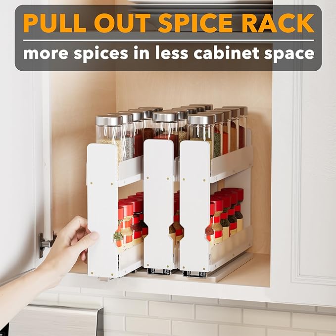 SpaceAid Bamboo Pull Out Spice Rack Organizer for Cabinet, Heavy Duty Slide Out Seasoning Kitchen Pantry Sliding Vertical Organization, 7.6" Wide, 3 Drawers(2" Wide), 2-Tier, White - Image 5