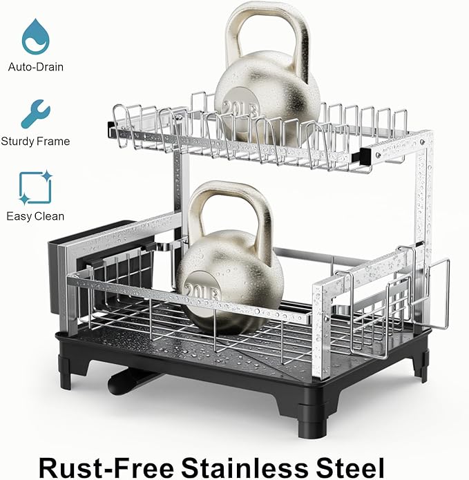 GSlife Stainless Steel Dish Drying Rack 2 Tier, Compact Dish Racks for Kitchen Counter with Cutting Board Holder, Auto-Drain Spout, Rust Proof Dish Drainer for Apartment, 21" L x 12.6" W, Silver - Image 4