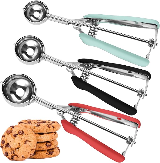 JUNADAEL J Cookie Scoop Set, Cookie Scoops for Baking Set of 3, Cookie Dough Scoop, 1 Tablespoon/ 2 Tablespoon/ 3 Tablespoon, Red/Black/Mint Handle, For Cookie Cupcake Muffin Ice Cream Truffles by JunadaelJ